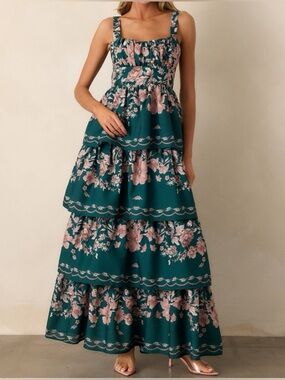 Mable Vivian Green Pink Flower Print Layered Maxi Dress M